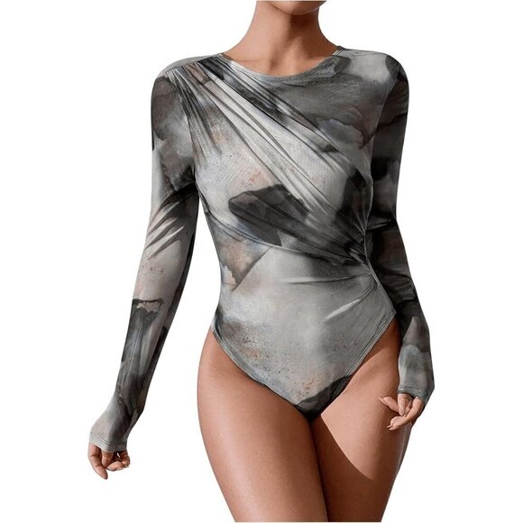 Long Sleeve Bodysuit Grey Sexy Fit Comfy Lightweight Layering Top Fall Winter - Picture 1 of 5